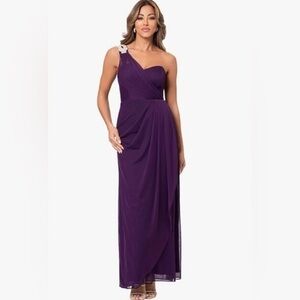 Xscape Women’s 6 Purple Draped Gold Embellished One Shoulder Long Gown Dress S